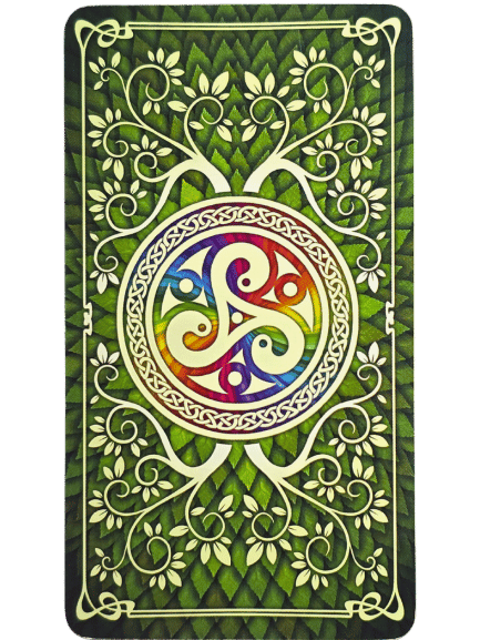 A tarot card back from Tarot at the End of the Rainbow, featuring a circular, rainbow-colored Celtic triskele at the center, surrounded by ornate white vine and leaf patterns on a green, leafy textured background.
