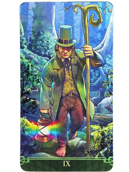 A bearded man in a green coat and top hat walks in a forest, holding a staff and a lantern emitting rainbow light. The Roman numeral IX appears at the card's base, representing The Hermit from Tarot at the End of the Rainbow.