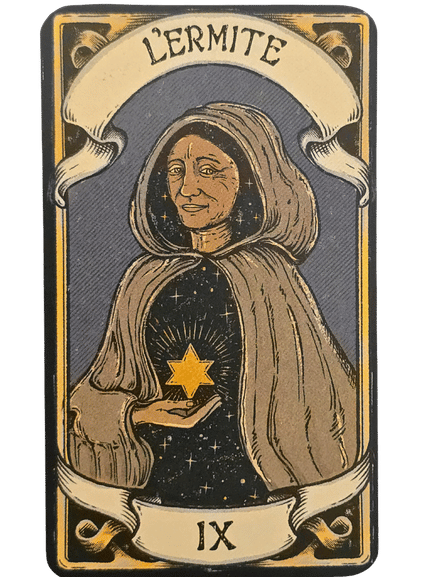 Tarot card from The Sacred Sisterhood Tarot: L’Ermite (The Hermit), depicting a cloaked elder holding a glowing six-pointed star. A dark, starry sky forms the background, and the card is labeled IX at the bottom.