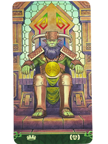 A green-skinned, bearded king in ornate armor sits on a stone throne with geometric designs, holding a large golden coin. Stained glass and vivid colors frame the regal scene of Tarot at the End of the Rainbow.