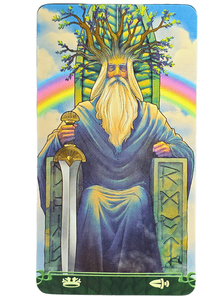 A tarot card from Tarot at the End of the Rainbow shows a wise, bearded man with a tree growing from his head, seated on a rune-engraved throne. He holds an upright sword as a rainbow arches in the sky behind him.