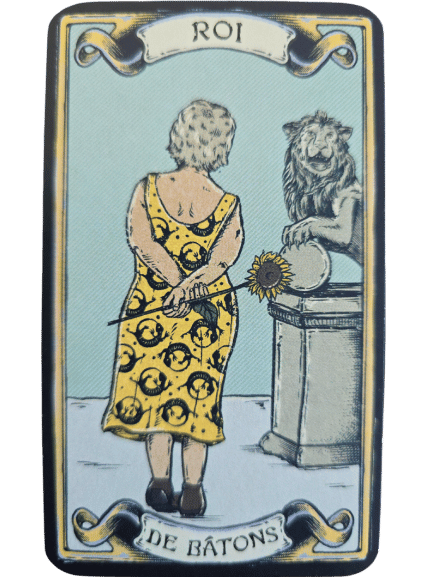 A copy of The Sacred Sisterhood Tarot: Deck and Guidebook for Fierce Women by Ashawnee DuBarry stands upright on a wooden surface beside green potted plants. The Sacred Sisterhood Tarot cover features an illustrated woman holding a sword.
