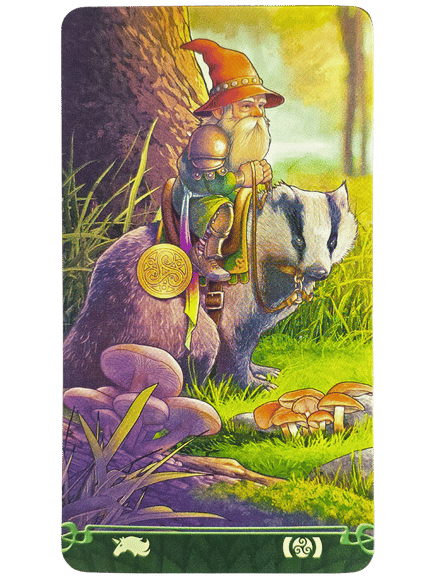 A gnome wearing a red hat and cloak rides on the back of a badger through a forest, with mushrooms nearby and sunlight filtering through the trees. Decorative symbols line the card's bottom, inspired by Tarot at the End of the Rainbow.