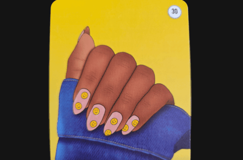 A card from The Signs of the Times Oracle featuring an illustration of a hand with yellow smiley faces on long nails, partially covered by a blue sleeve. The background is yellow, displaying "SMILEY FACE Joy" and the number 30.