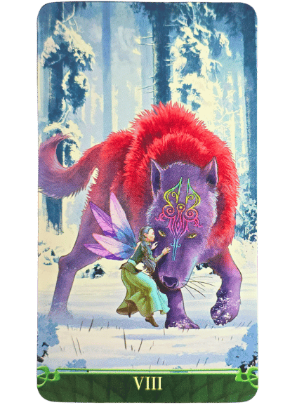 A fairy in a green dress stands in a snowy forest beside a large, red and purple boar with ornate markings on its face. The bottom of this Tarot at the End of the Rainbow card displays the Roman numeral VIII.