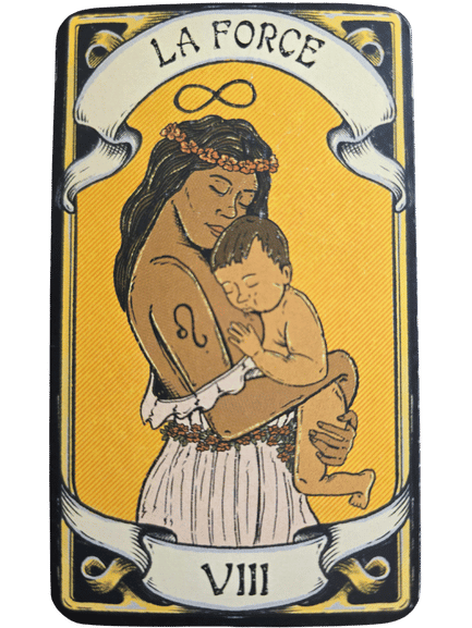 A tarot card from The Sacred Sisterhood Tarot labeled LA FORCE and VIII shows a woman with long hair, in a flower crown and white skirt, tenderly holding a sleeping baby against a bright yellow background. An infinity symbol floats above her head.