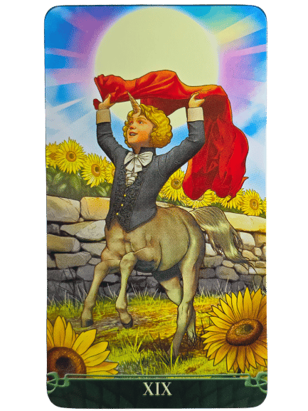 A Tarot at the End of the Rainbow card shows a centaur child in formal clothes holding a red cloth overhead, smiling under a bright sun. Sunflowers bloom in front, with a stone wall and blue sky behind. The card is numbered XIX.