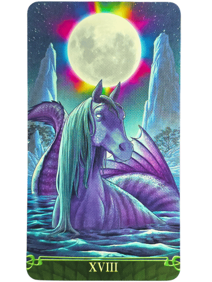 A mystical purple sea serpent with a horse-like head rises from water under a glowing full moon, framed by tall rock spires and colorful moonlight, evoking Tarot at the End of the Rainbow, with the Roman numeral XVIII at the bottom.