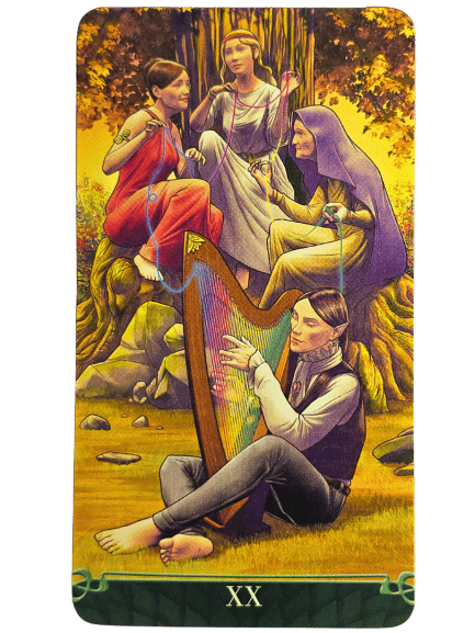 Four people sit beneath a large tree; one plays a harp while the others listen attentively. The scene is peaceful, with lush grass and sunlight filtering through the trees—an enchanting moment from Tarot at the End of the Rainbow. The Roman numeral XX is at the bottom.