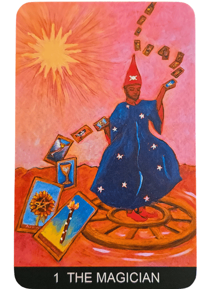 A tarot card labeled 1 THE MAGICIAN from the Tarot de St. Croix shows a figure in a blue robe and red pointed hat, with cards floating in the air. A bright sun shines above, and large cards lie on the ground in a red, surreal landscape.
