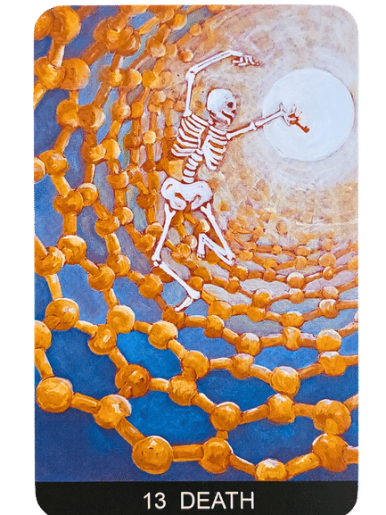 A skeleton dances within a tunnel of interconnected orange spheres, reaching toward a glowing white orb. The card, from the Tarot de St. Croix deck, is labeled 13 DEATH at the bottom.