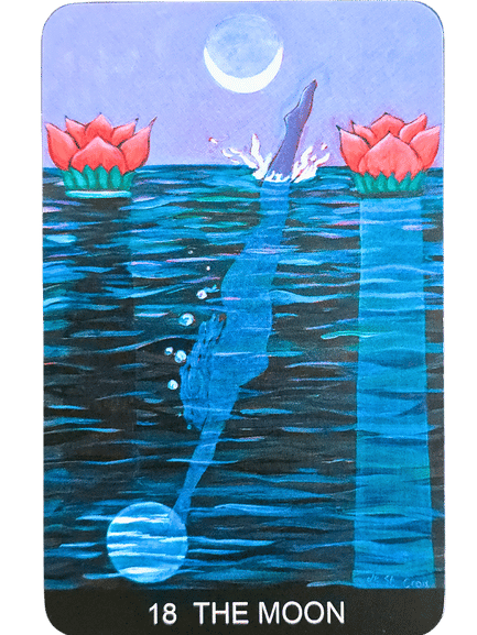 A Tarot de St. Croix card labeled 18 THE MOON shows a person diving into a dark, moonlit pool. Two red lotuses float on the water, while a crescent moon shines above, casting reflections across the rippling surface.