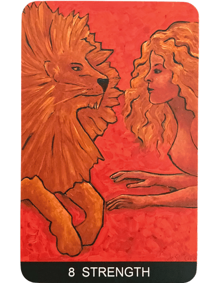 A tarot card from the Tarot de St. Croix labeled 8 Strength shows a woman with long, wavy hair facing a lion. Both are on a red background, looking at each other calmly, symbolizing courage and inner strength.