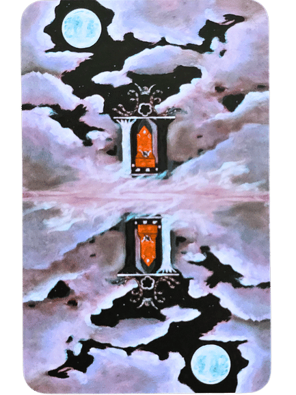 A Tarot de St. Croix card with a mirrored design: a central orange door in a tower among pink clouds, with a full moon and intricate black shapes above and below, creating a symmetrical, dreamy scene.