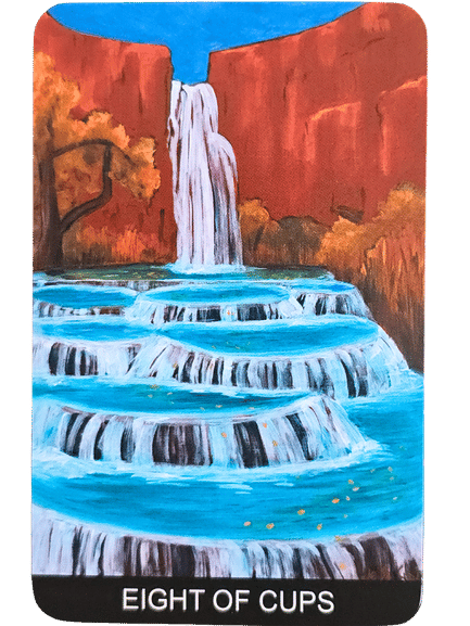 A Tarot de St. Croix card labeled Eight of Cups shows a cascading waterfall with eight distinct pools, set against red canyon walls and trees with golden leaves under a bright blue sky.