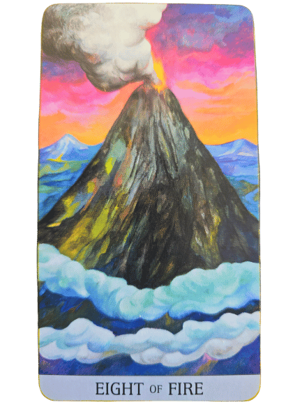 A Japaridze Tarot card features a smoking volcano erupting against a vibrant pink and orange sky, with billowing clouds and blue mountains in the background. The bottom of the card reads “EIGHT OF FIRE.”.