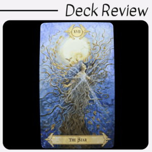 A tarot card from the Fairy Tale Tarot, titled The Star, depicts a woman with flowing hair and branches reaching toward a shining star and moon, surrounded by swirling light and leaves. The image exudes an ethereal, magical quality.