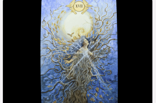 A tarot card from the Fairy Tale Tarot, titled The Star, depicts a woman with flowing hair and branches reaching toward a shining star and moon, surrounded by swirling light and leaves. The image exudes an ethereal, magical quality.