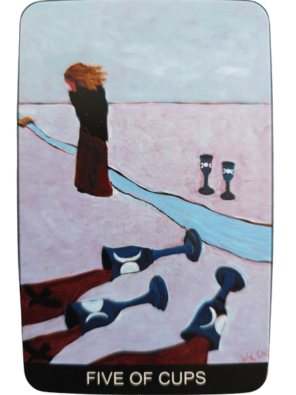 A Tarot de St. Croix card titled Five of Cups shows a figure in dark clothing near a river, gazing at three spilled cups while two upright cups remain behind them. The pale, minimalistic background enhances the card’s sense of loss and hope.