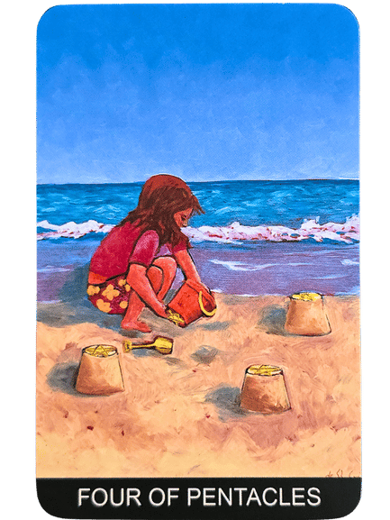A young girl builds sandcastles on the beach under a clear blue sky, placing golden coins atop four sandcastles. The sea waves roll in the background. From the Tarot de St. Croix, the card reads Four of Pentacles at the bottom.