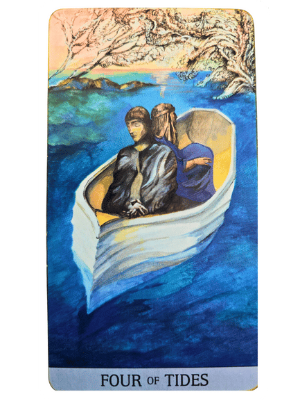Two people sit back-to-back in a white boat on blue water, with abstract, swirling trees and land in the background. This dreamy scene from the Japaridze Tarot appears above the card title, “Four of Tides.”.