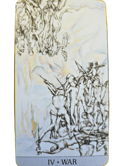 A tarot card labeled IV WAR from the Japaridze Tarot shows groups of figures in chaotic battle, some holding spears and shields, with bodies on the ground and ethereal figures above, all sketched in monochrome lines against a pale background.