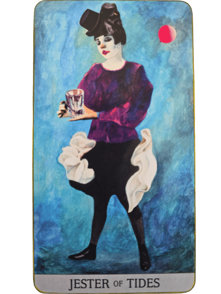 A tarot card from the Japaridze Tarot, titled Jester of Tides, shows a figure in a purple top, black skirt, and hat holding a glass. The background features a blue gradient with a small pink circle in the upper right corner.