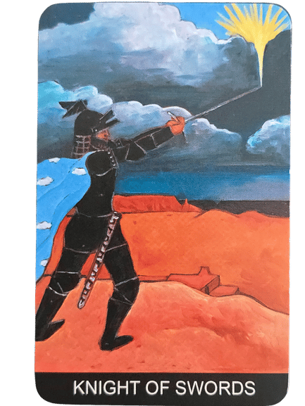 A Tarot de St. Croix card, the Knight of Swords, shows a knight in black armor with a blue cape on red ground, raising his sword to a bright yellow starburst in a dark, cloudy sky.