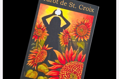 The Tarot de St. Croix book by Lisa de St. Croix showcases a cover with a silhouette holding a glowing orb, surrounded by large sunflowers against a vibrant, fiery background.