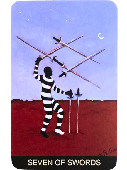 A person in a black-and-white striped outfit holds five swords while looking back; two swords are stuck in the ground. The background is red and purple with a crescent moon, in this Tarot de St. Croix Seven of Swords scene.