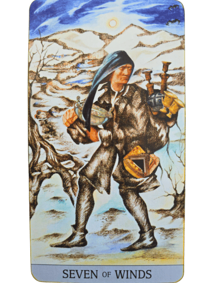 A tarot card from the Japaridze Tarot titled Seven of Winds depicts a person sneaking away with five swords, glancing back over their shoulder, in a snowy, mountainous landscape with bare trees.