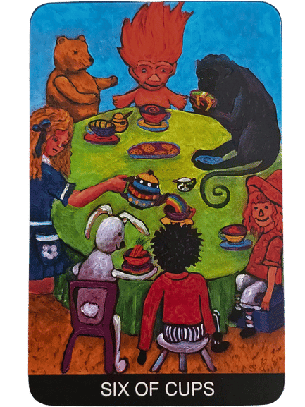Six charming characters—including a bear, rabbit, girl, boy, black cat, and red-haired figure—gather around a green table sharing tea and treats. Inspired by Tarot de St. Croix, this illustration is labeled SIX OF CUPS at the bottom.