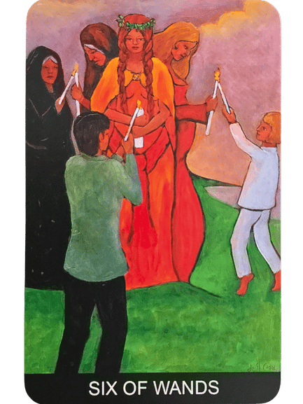 A Tarot de St. Croix card, the Six of Wands, depicts a woman in a red dress and floral crown holding a white candle, surrounded by five figures offering her lit candles, set against a green field and cloudy sky.