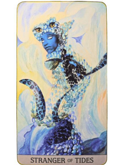 A tarot card from the Japaridze Tarot, titled Stranger of Tides, shows a blue, mystical figure with a mask-like face, surrounded by bubbles and water-like patterns, blending into an abstract, oceanic background.