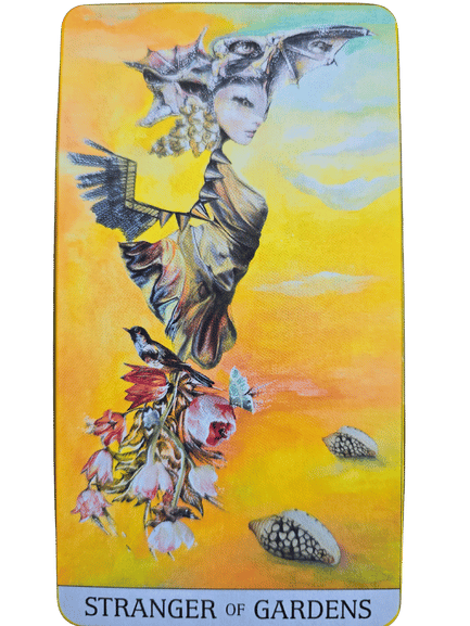 A surreal Japaridze Tarot card labeled Stranger of Gardens shows a figure with a shell headdress, a bird-like wing arm, and a dress made of flowers. The bright yellow sky features seashells and a butterfly nearby.
