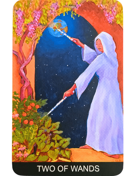 A robed figure stands by an arched opening with a wand in each hand, one pointed at a leafy bush and the other at a globe, against a starry sky. The Tarot de St. Croix card reads TWO OF WANDS at the bottom.