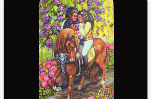 A card from the Unbridled Spirit Tarot featuring a couple of people riding horses.