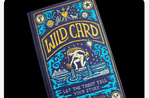 A book titled Wild Card: Let the Tarot Tell Your Story by Jen Cownie and Fiona Lensvelt is shown with an illustrated cover featuring a woman, celestial symbols, and tarot motifs. The words Wild Card Book Review appear above.