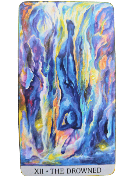 A tarot card from the Japaridze Tarot titled XII The Drowned shows a blue, human figure suspended upside down amid swirling, colorful, abstract patterns in blue, yellow, purple, and orange hues.
