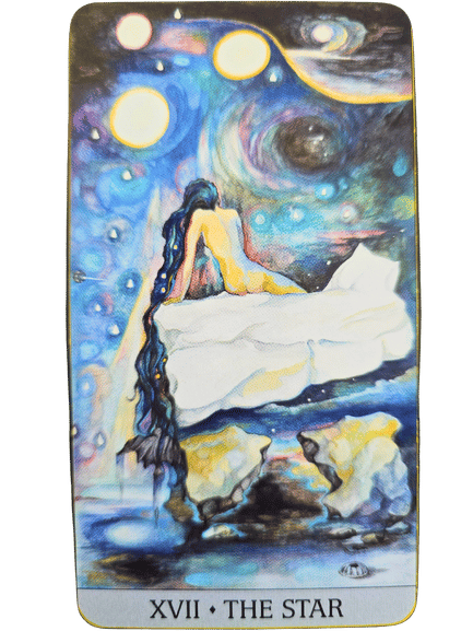 A tarot card from the Japaridze Tarot titled XVII • THE STAR shows a nude woman with long dark hair sitting on a white rock, gazing at a starry night sky filled with large glowing stars and swirling galaxies.
