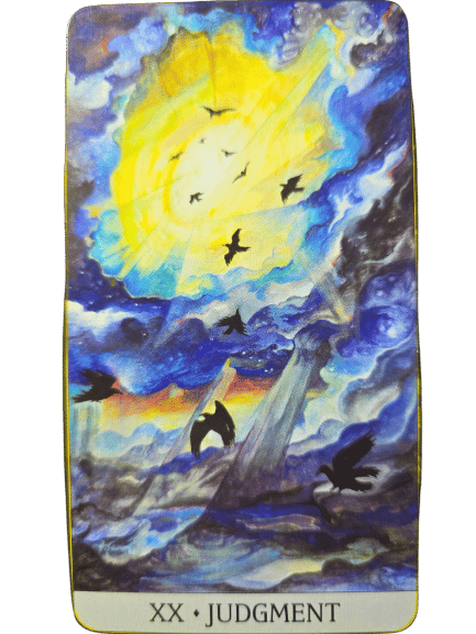 A tarot card labeled XX Judgment from the Japaridze Tarot shows dark birds flying through a stormy, blue and yellow sky. Light breaks through clouds, illuminating a dramatic, swirling scene below.