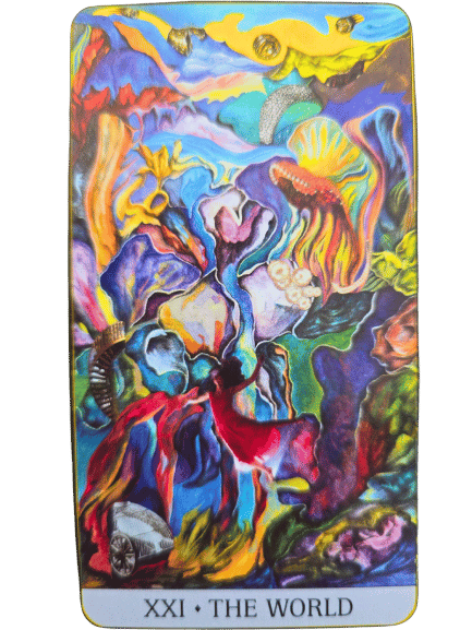 A vibrant, abstract tarot card from the Japaridze Tarot titled XXI • THE WORLD features swirling, colorful shapes and patterns, including flowers, waves, and cosmic motifs, symbolizing unity and completion.