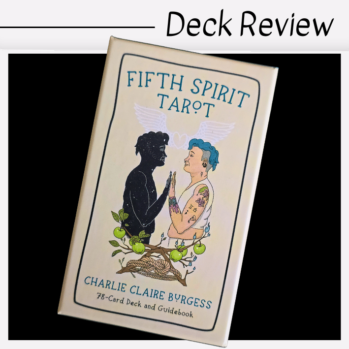 A box of the Fifth Spirit Tarot deck by Charlie Claire Burgess, featuring two mirrored figures—one dark, one light—facing each other, hands pressed together amid apples and branches. The Fifth Spirit Tarot celebrates duality and unity.