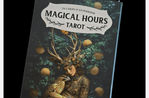 A box of Magical Hours Tarot cards, featuring artwork of a serene figure with antlers and a bird, surrounded by greenery and golden orbs. The words Magical Hours Tarot Deck Review appear above the box.