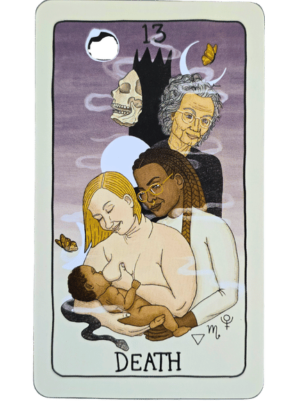 An illustrated Fifth Spirit Tarot card labeled Death shows three adult figures: a skull, an elderly person, and a young adult comforting a mother breastfeeding a baby. Butterflies, a snake, and swirling clouds surround them. The number 13 is at the top.