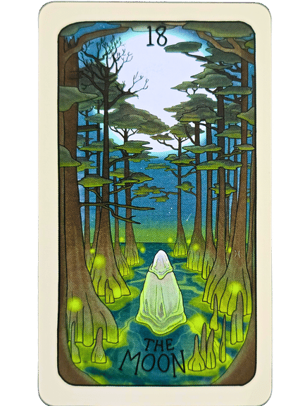 A tarot card from the Fifth Spirit Tarot labeled The Moon shows a cloaked figure walking through a glowing swamp, surrounded by tall trees, with the moon shining in the starry sky above. The card is marked with the number 18 at the top.