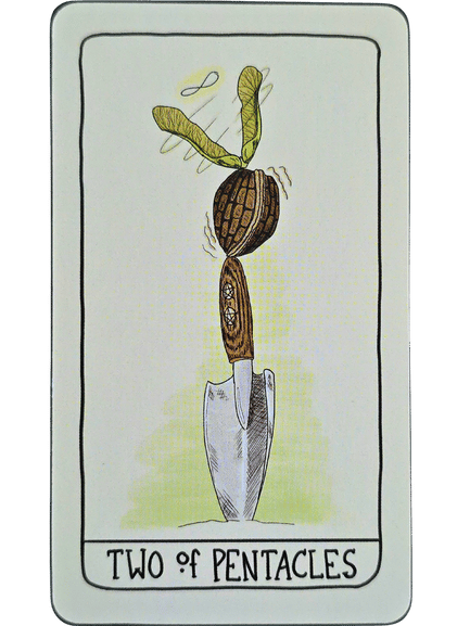 A tarot card from the Fifth Spirit Tarot, labeled Two of Pentacles, shows a trowel balancing two spinning seeds with green sprouts. An infinity symbol floats above, set against a simple, pale background.
