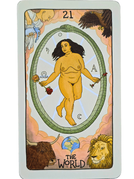 A Fifth Spirit Tarot card labeled 21 The World shows a nude woman dancing inside an oval wreath, holding wands. Four figures—a man, eagle, bull, and lion—surround her as a small Earth appears at the bottom.