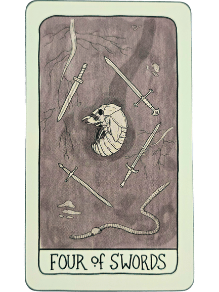 A tarot card from the Fifth Spirit Tarot, the Four of Swords shows four swords framing an insect pupa on a purple background, with roots and an earthworm below. The design is simple and monochrome.
