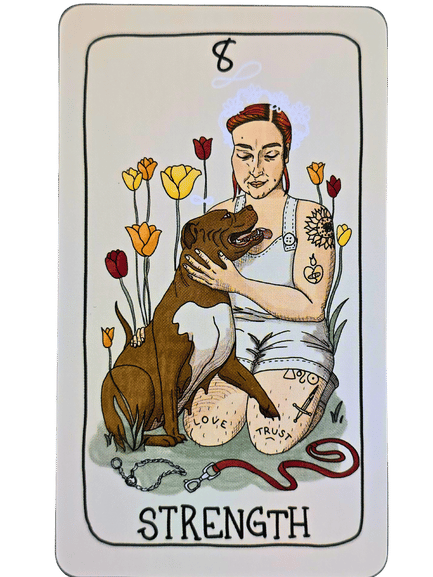 A tarot card from the Fifth Spirit Tarot labeled Strength shows a woman with tattoos kneeling among colorful flowers, gently embracing a brown dog with a red leash and collar. The woman looks peaceful and calm.